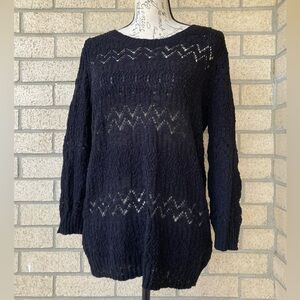 Jones New York Cotton Blend Textured Chevron Loose Knit Semi Sheer Black Sweater